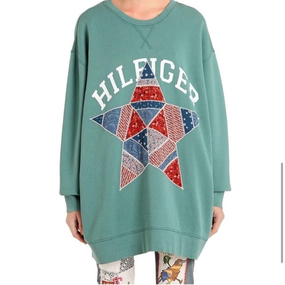 Tommy Hilfiger Collection Patchwork Quilt Star Green Tunic Sweatshirt XS - Picture 1 of 8